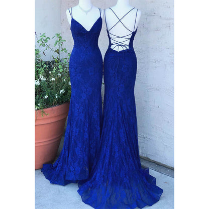 Royal Blue Lace Spaghetti Straps V-neck Mermaid Prom Dress