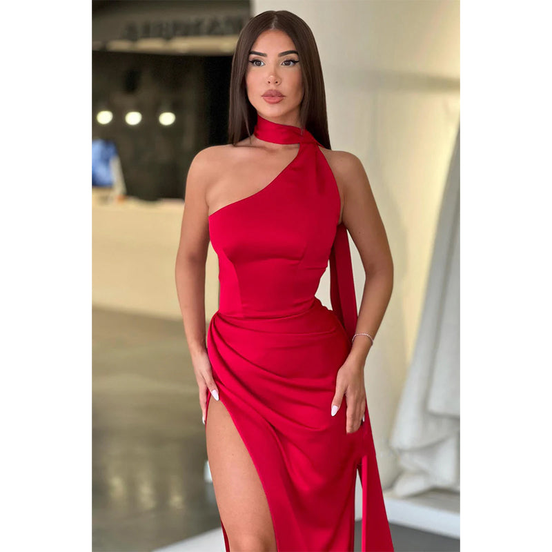 Unique One Shoulder Pleats Side Slit Red Prom Formal Gowns