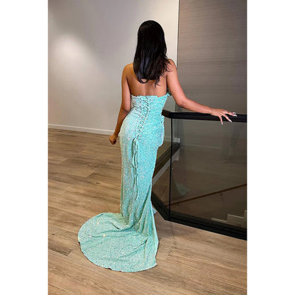 Sheath/Column V-Neck Sequined Split Sleeveless Prom Evening Formal Dress