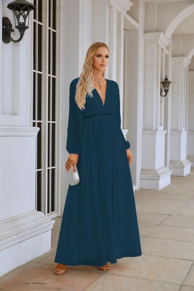 Ladies V Neck Chiffon Long Sleeve Front Slit Bridesmaid Evening Dress Wedding Party Shopping Evening Dress 28109-numbersea