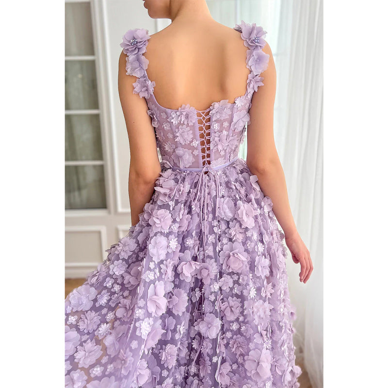 Tulle A-line Square Floral Appliqued with Side Slit Party Prom Evening Dress