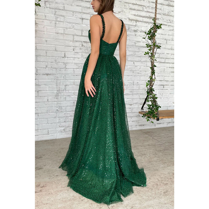 Vestido de fiesta largo con tirantes finos, lentejuelas y bolsillos brillantes de color verde para mujer