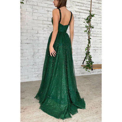 Vestido de fiesta largo con tirantes finos, lentejuelas y bolsillos brillantes de color verde para mujer