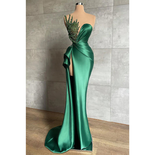 Etui-/Säulen-Abendkleid, grüne Spitze, V-Ausschnitt, langes Ballkleid