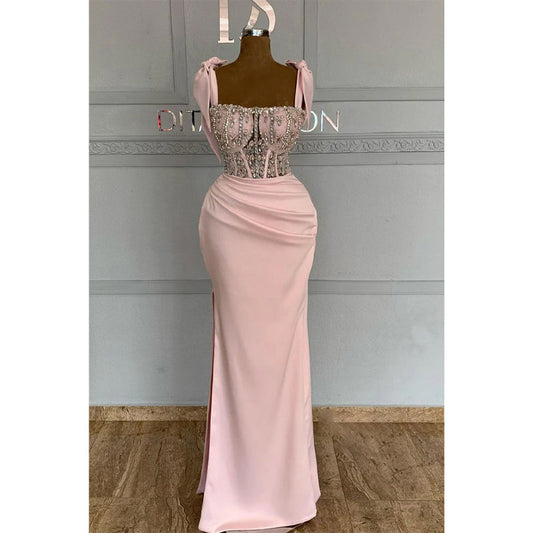 Double Straps Beads Long Pink Mermaid Prom Formal Dress with Slit