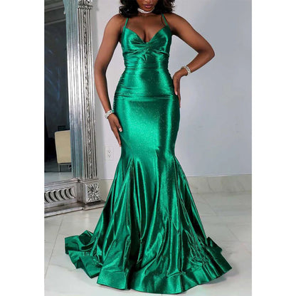 Sexy Trumpet V-neck Spaghetti Straps Party Prom Evening Dress for Black Women