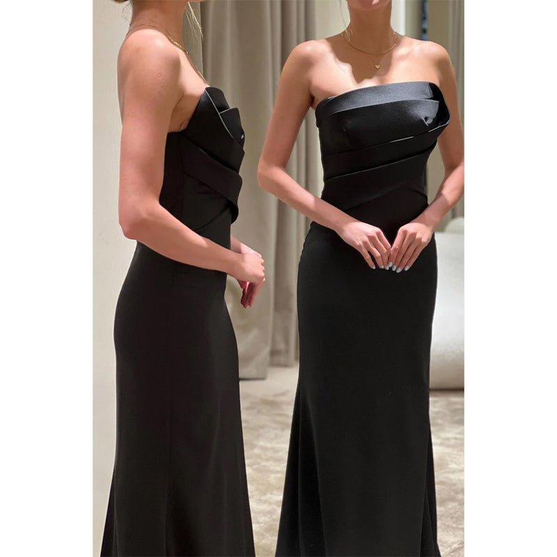 Sheath/column Strapless Satin Pleats Long Formal Evening Dress