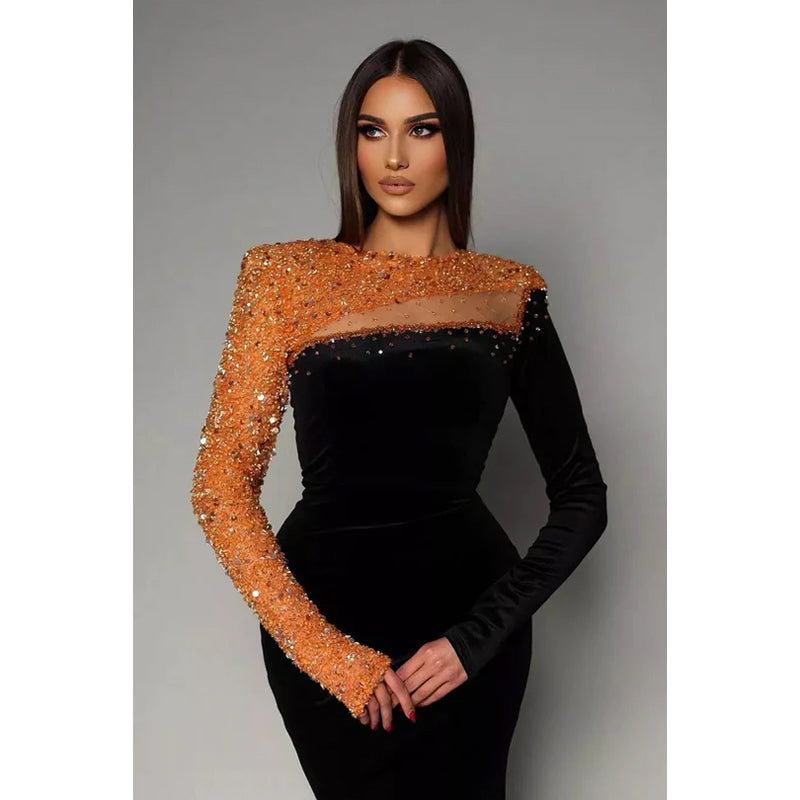 Sheath/Column High Neck Long Sleeves Sequined Velvet Evening Dress