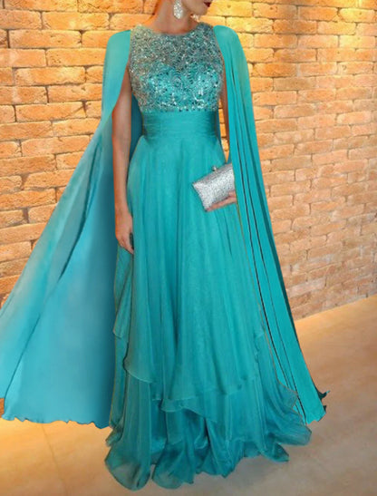 Wedding Guest Wedding Party Floor Length Short Sleeve Jewel Neck Capes Chiffon with Shawl Evening Gown Elegant Dress