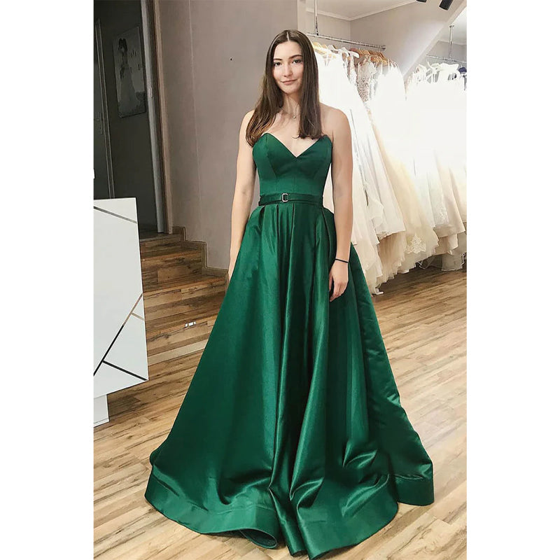 Strapless V-neck Green Satin A-line Long Simple Prom Dress with Split