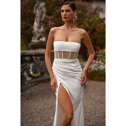 Strapless Sheer Ruched Satin Sheath Long Prom Formal Gown With Slit