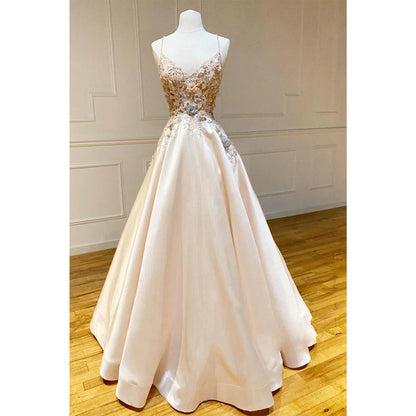 Spaghetti Straps Appliques Ball Gown Long Prom Dress