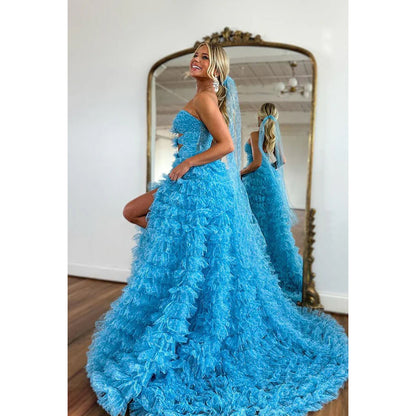 Elegant Sweetheart Ruffles Blue Long Formal Prom Dress with Slit