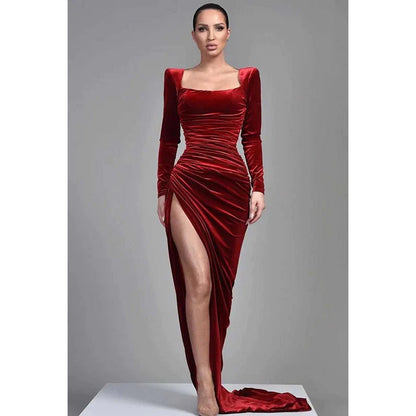 Square Neck Long Sleeves Velvet Long Prom Evening Dress With Slit