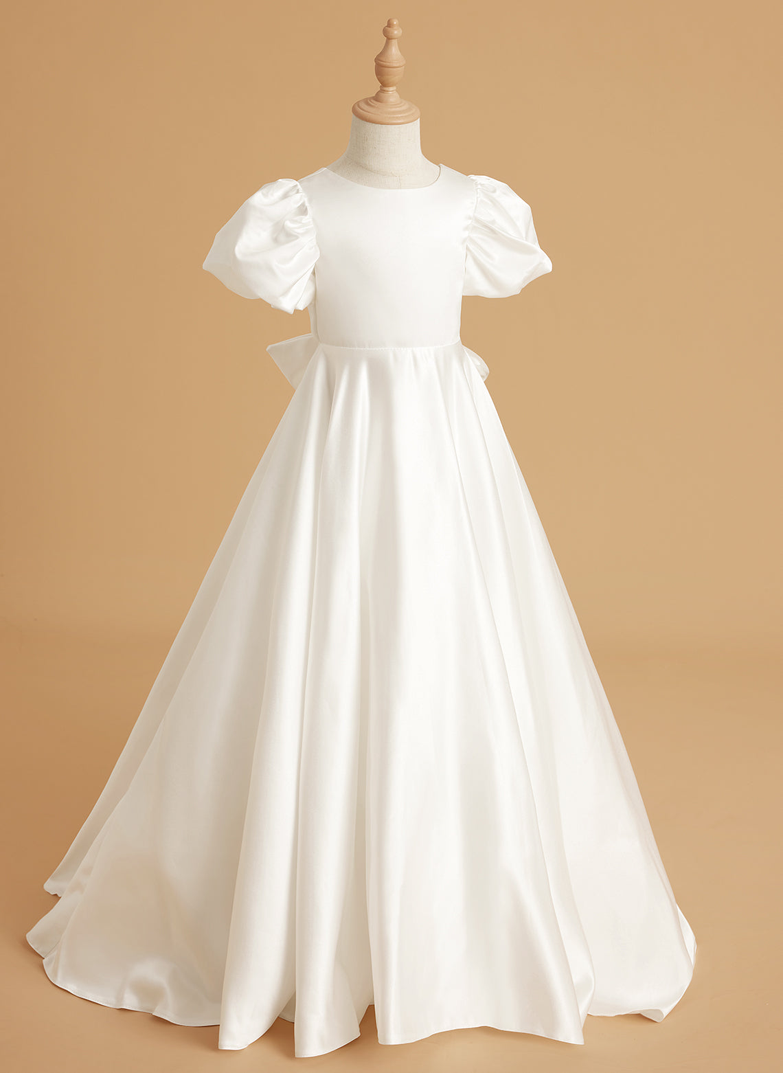 Puff Sleeve Bow Button Back Sweep Train Flower Girl Dress