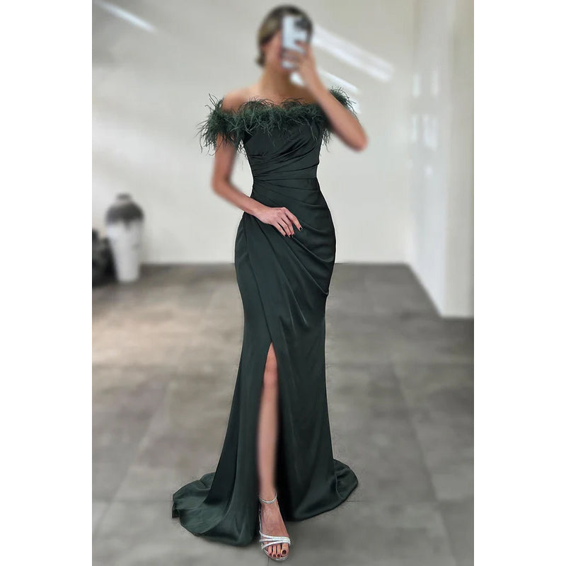 Simple & Casual Off-Shoulder Cap Sleeves Ruched Side Slit Formal Prom Dress