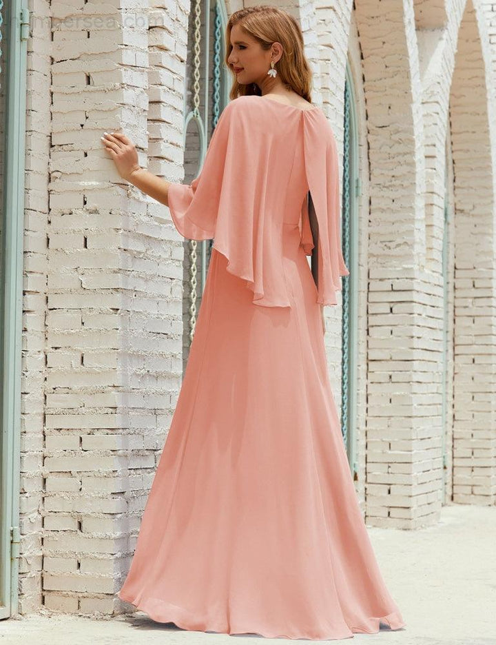 Numbersea Bridesmaid Dress Women Long Sleeve V-Neck Chiffon Formal Wedding Party 28018