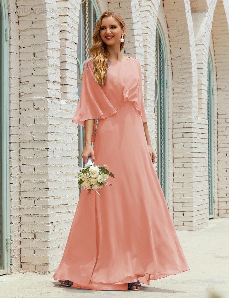 Numbersea Bridesmaid Dress Women Long Sleeve V-Neck Chiffon Formal Wedding Party 28018