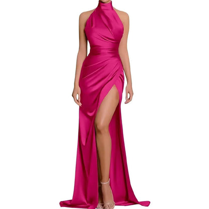 Unique High Neckline Pleats High Split Long Prom Formal Dress