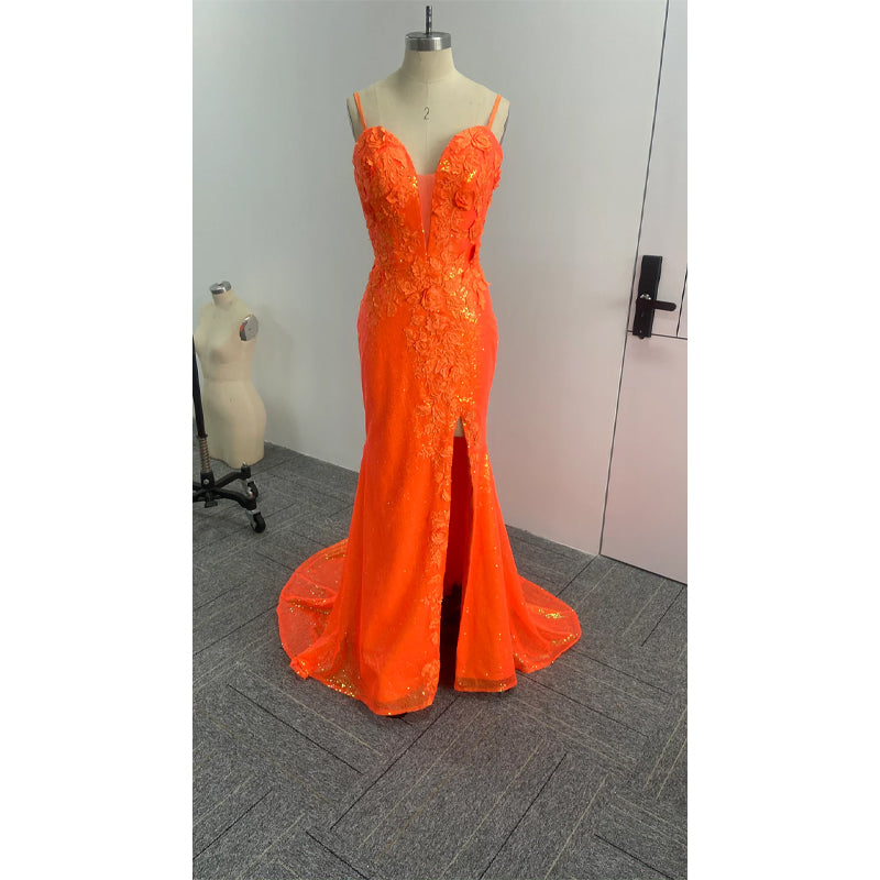 Spaghetti Straps Orange Sequins Appliques Long Prom Dress with Slit