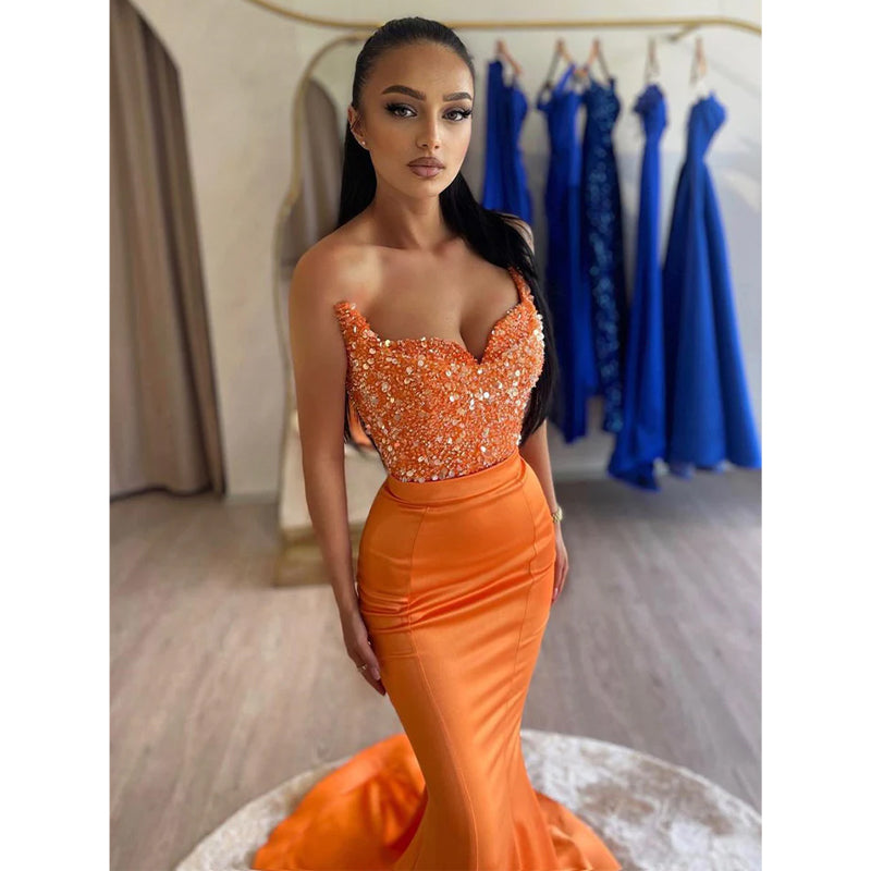 Sexy V-Ausschnitt Orange Meerjungfrau Ballkleid Langes Abendkleid Partykleid 