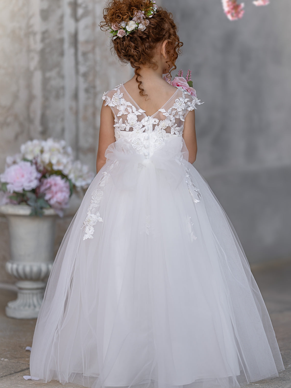 Ivory Princess Gown with Lace Appliques and Tulle Bow | Short Sleeve Ankle-Length Tulle Flower Girl Dress