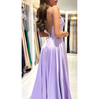 Spaghetti Straps Satin A-Line Long Prom Evening Gown With Slit