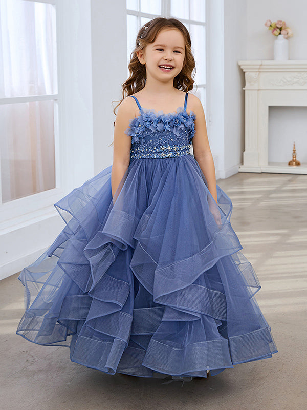 Slate Blue A-Line Princess Sleeveless Tulle Flower Girl Dress