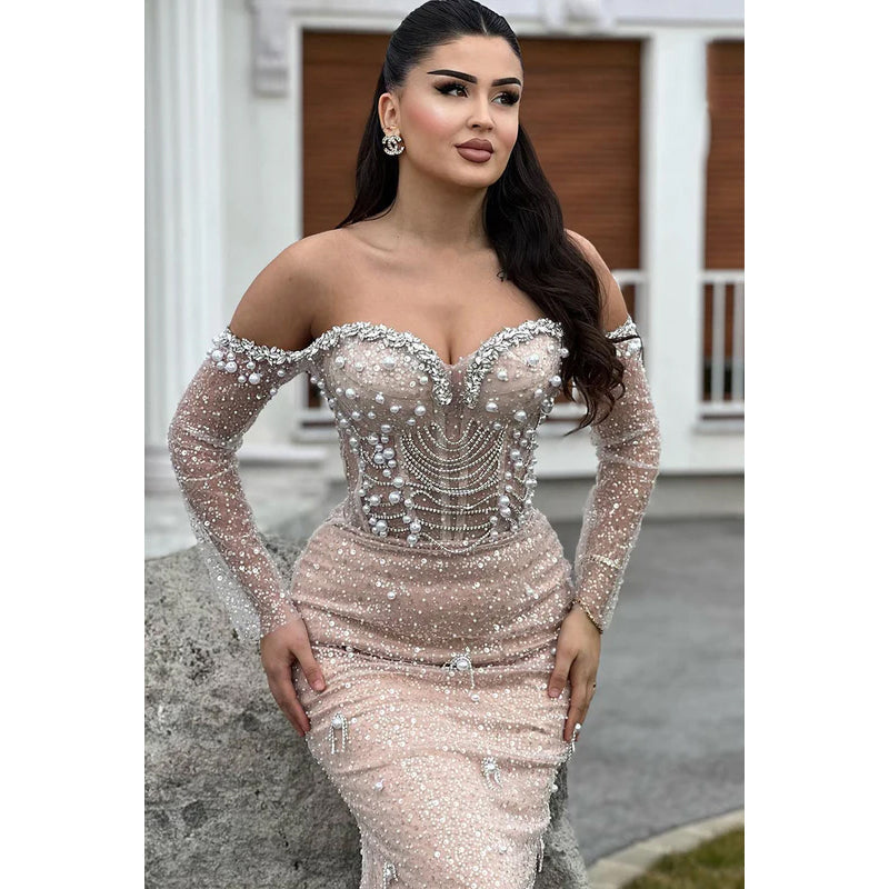 Glamorous & Dramatic Trumpet/Mermaid Off-Shoudler Long Sleeves Beaded Prom Dress