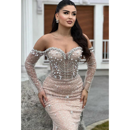 Glamorous & Dramatic Trumpet/Mermaid Off-Shoudler Long Sleeves Beaded Prom Dress