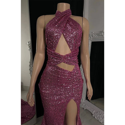 Unique Halter Sequins Mermaid Prom Dress Girls