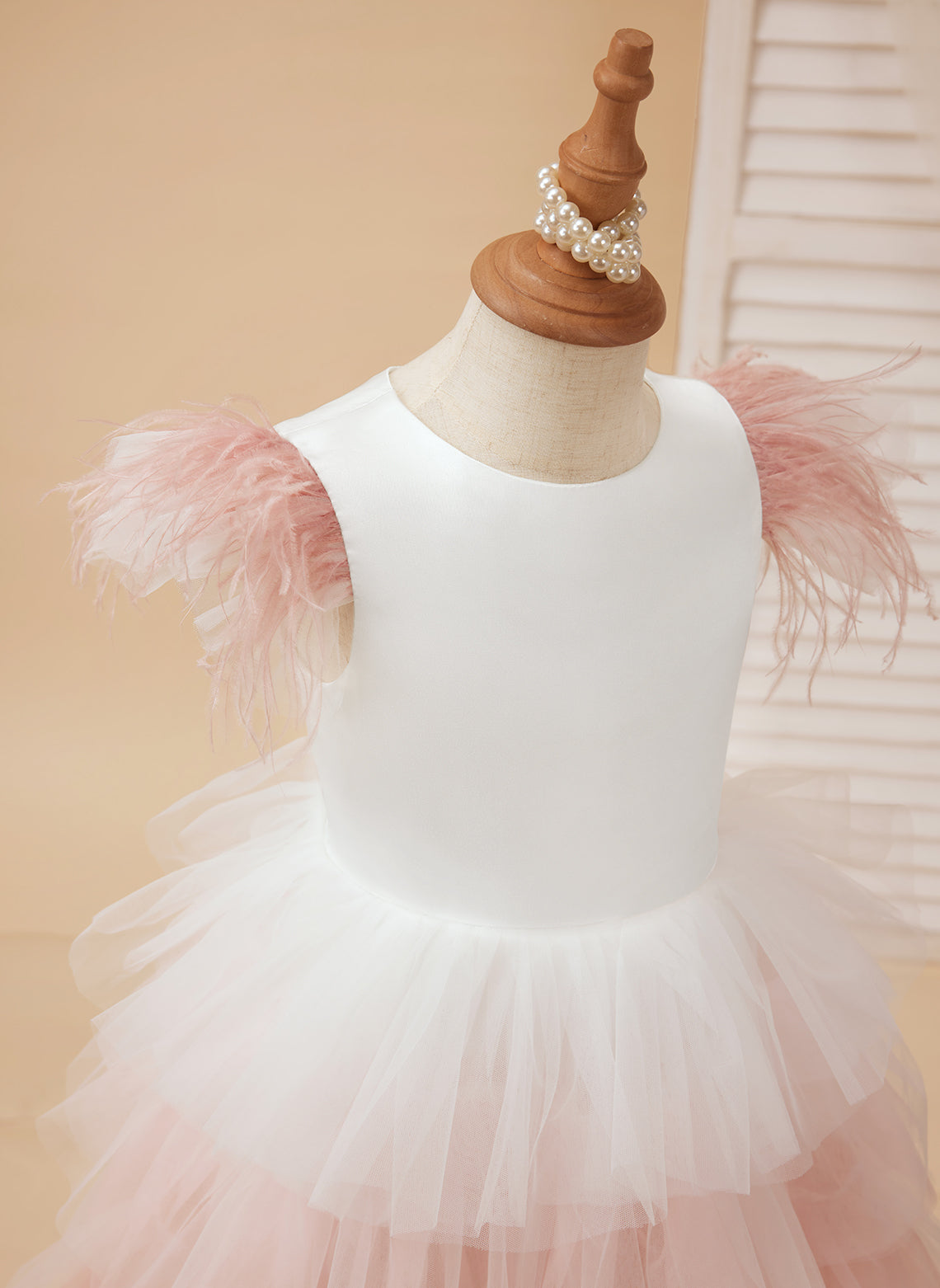 Pink Tulle Tea-Length Princess Dress with Feathered Sleeves for Flower Girls (010224240)