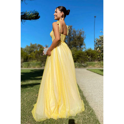 Spaghetti Straps Sweetheart Yellow Tulle Long Prom Dress