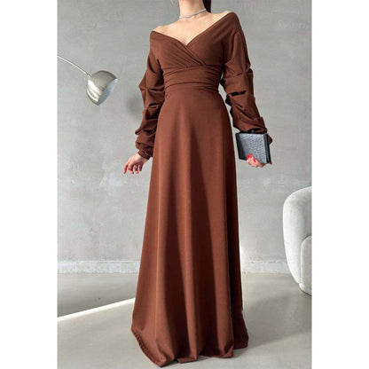 Simple A-line V-neck Off The Shoulder Puff Sleeves Long Prom Dress