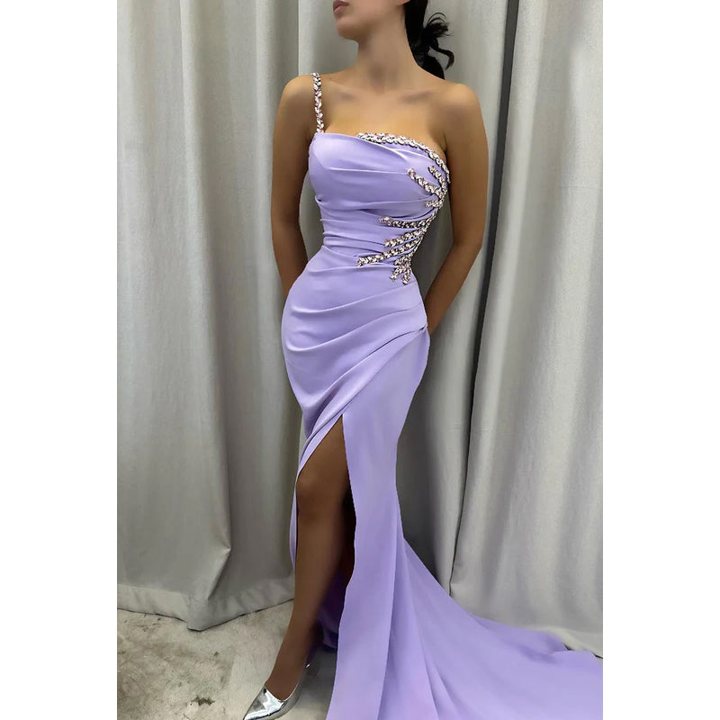 Elegant & Luxurious One Shoulder Sleeveless Ruched Side Slit Party Prom Dress