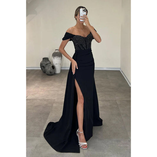 Simple Off-Shoulder Cap Sleeves Slit Rhinestone Beaded Formal Prom Dress