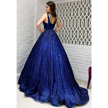 Sexy V-neck Royal Blue Sparkly Prom Ball Gown with Pockets