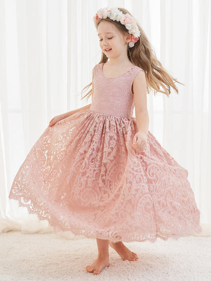 Girl Paisley Lace Back A-Line Straight Tutu Tulle Party Flower Girl Dress