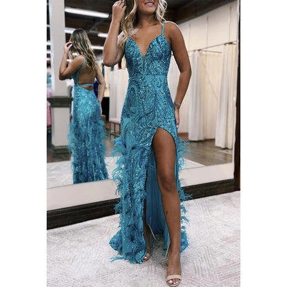 V-neck Spaghetti Straps Sequined Appliques Feathers with Side Slit Prom Dress