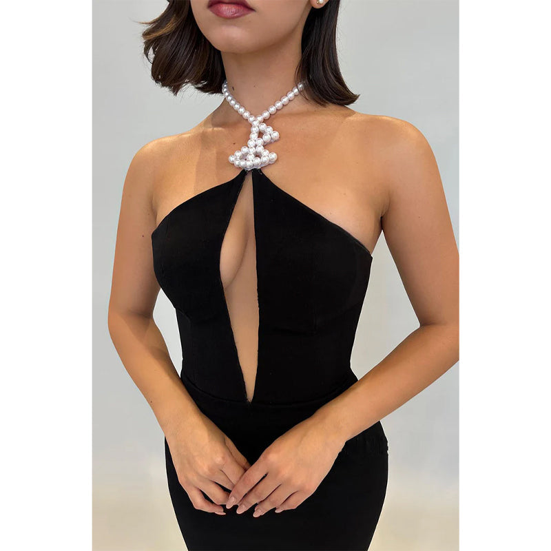 Unique Beaded Halter Black Satin Long Prom Dress Evening Gowns