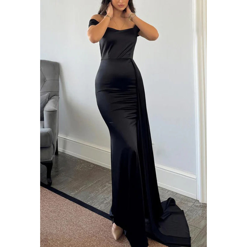 Simple & Casual Off-Shoulder Sleeveless Sheath Holiday Party Prom Dress