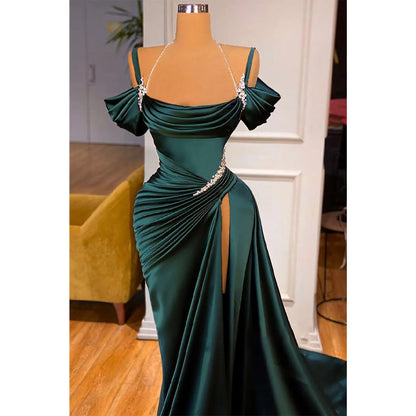 Spaghetti Straps Beads A-line Long Formal Evening Dress with Slit