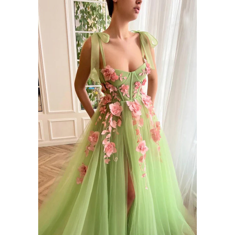 Sweetheart Appliqued Tulle A-Line Long Prom Gown With Slit