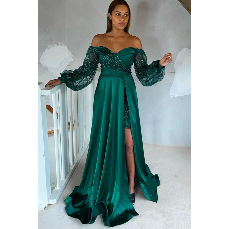 Chic Off The Shoulder Sequins Long Sleeves High Split Long Formal Evening Dress