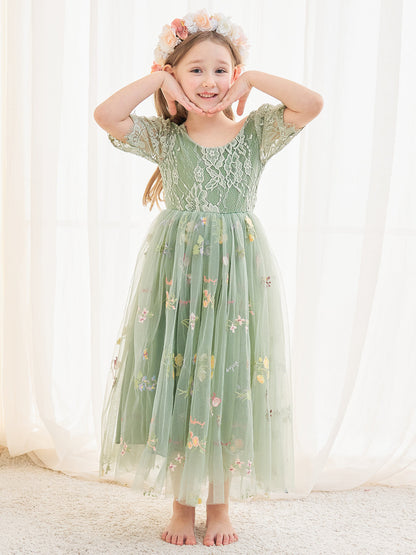 Sage Scoop Neck Cloth Surface and Tulle Flower Girl Dress (2003227581)