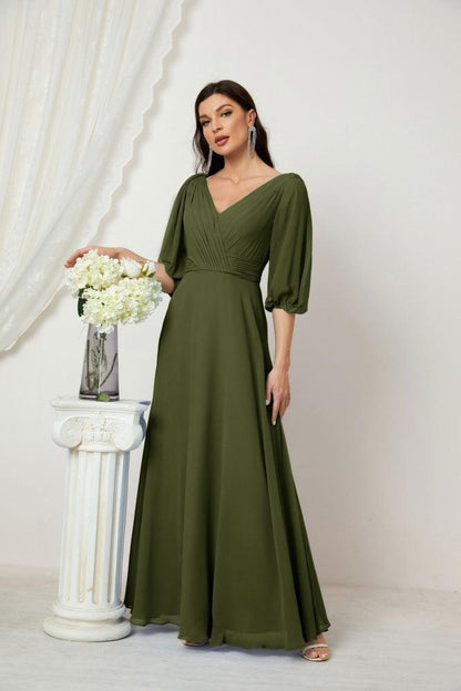 Numbersea Formal Prom Gown Women V-Neck Chiffon Bridesmaid Dresses Long Bishop Sleeve Party Dress 2807-numbersea