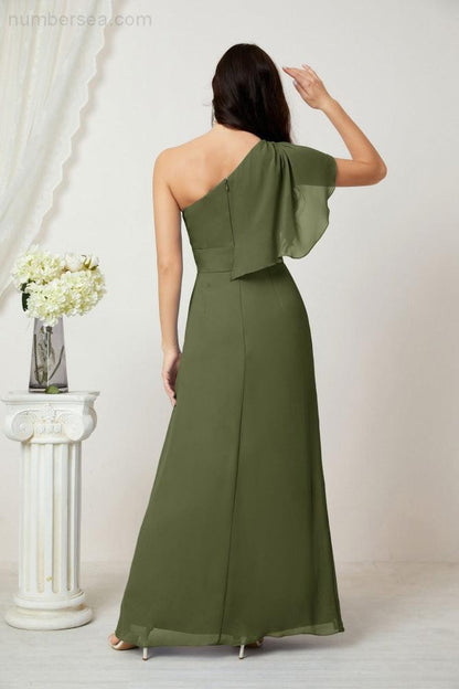 Numbersea Chiffon Ruffled One Shoulder Long Bridesmaid Dresses A-line Formal Evening Gown Side Split 2809-numbersea