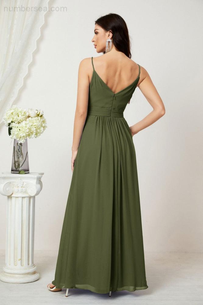 Numbersea Chiffon V-Neck Bridesmaid Dress Spaghetti Strap Long Formal Party Prom Gowns with Slit 28010-numbersea