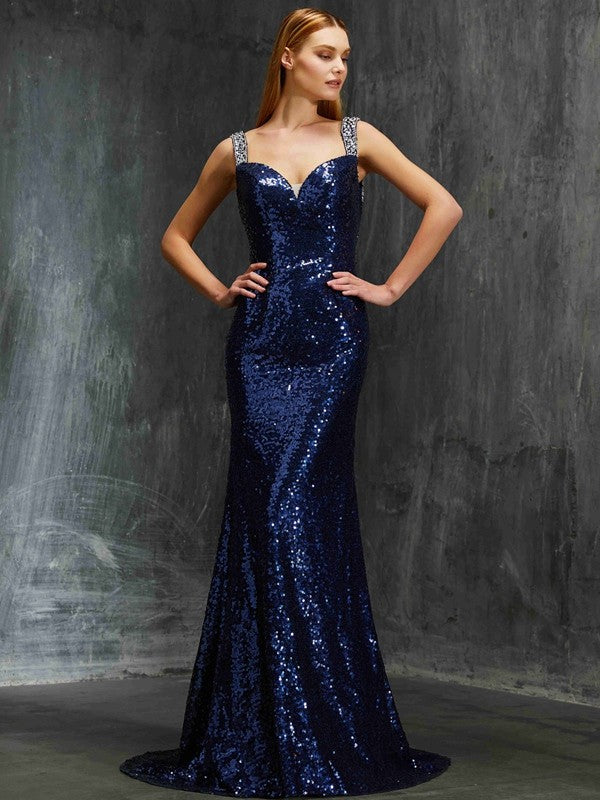 Sheath/Column V-neck Sleeveless Sweep/Brush Train Beading Sequins Dresses