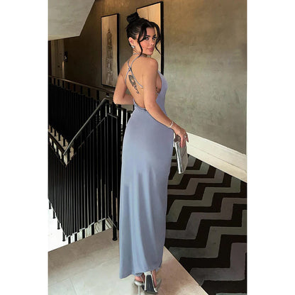 Simple & Casual Halter Spaghetti Straps Sheath Backless Party Prom Dress